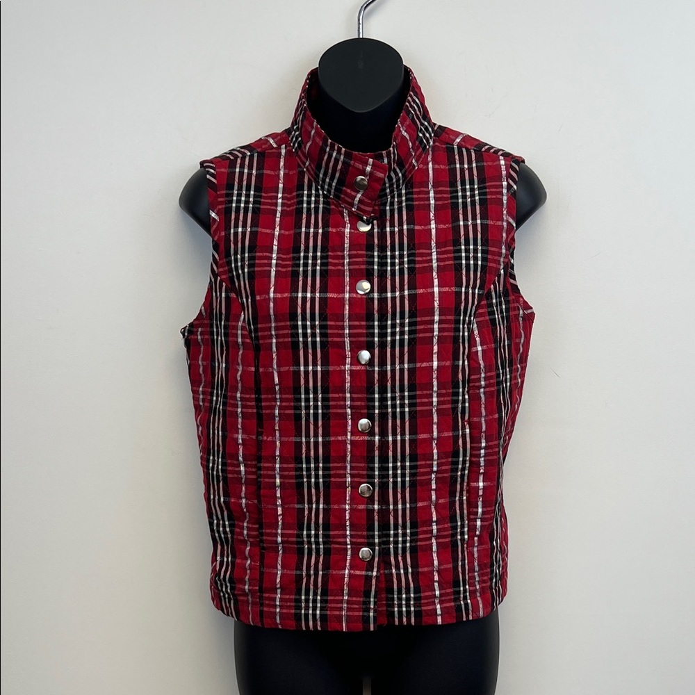 Baxter & Wells Women's Red Black and Silver Snap down Plaid Vest Small Petite